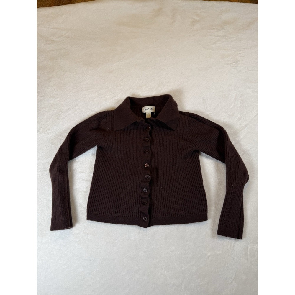 Open Edit Womens XS 100% Merino Wool Cropped Cardigan Brown Ribbed Collared